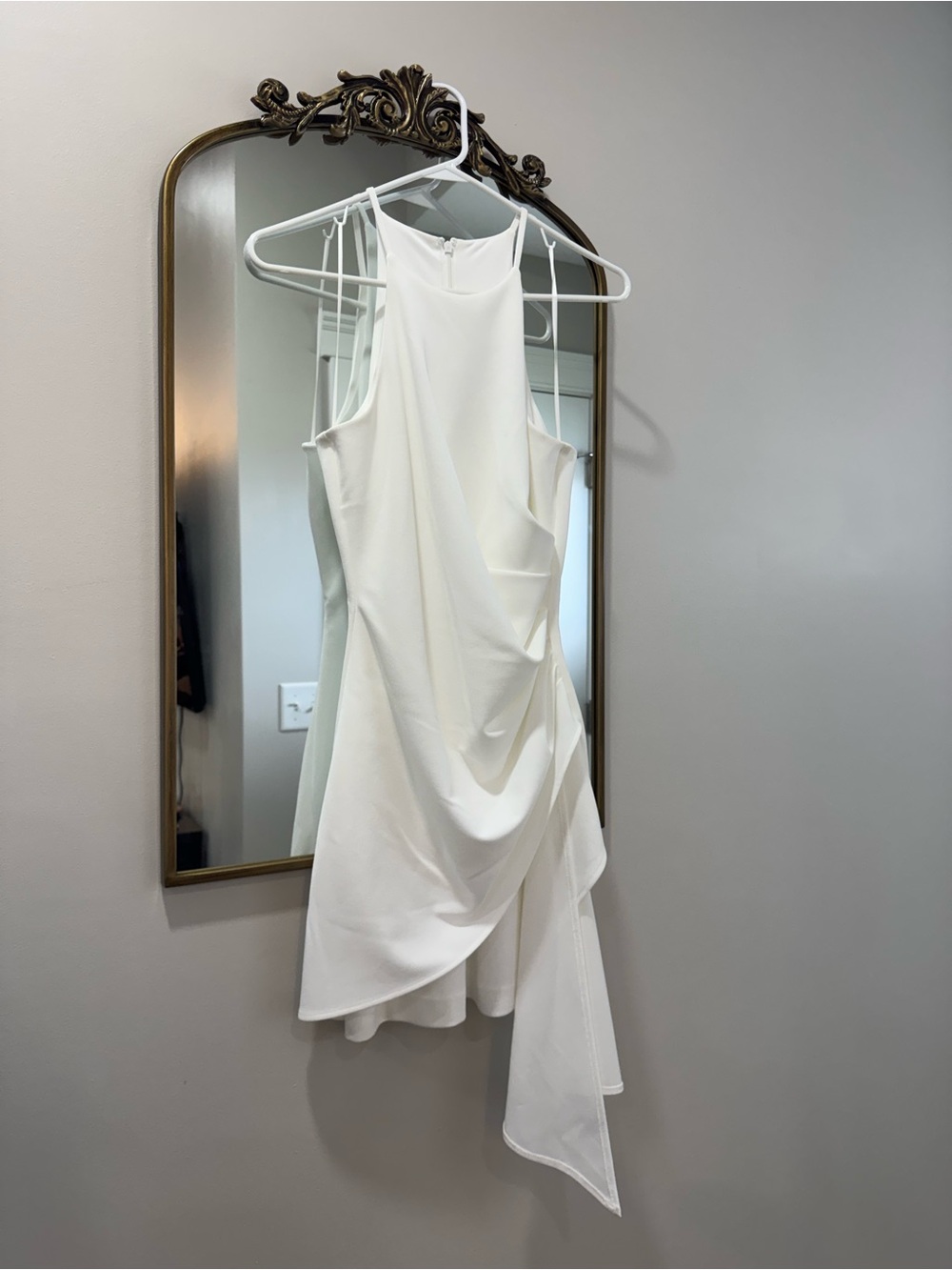 Badgley Mischka White Asymmetrical Draped Cocktail Dress
